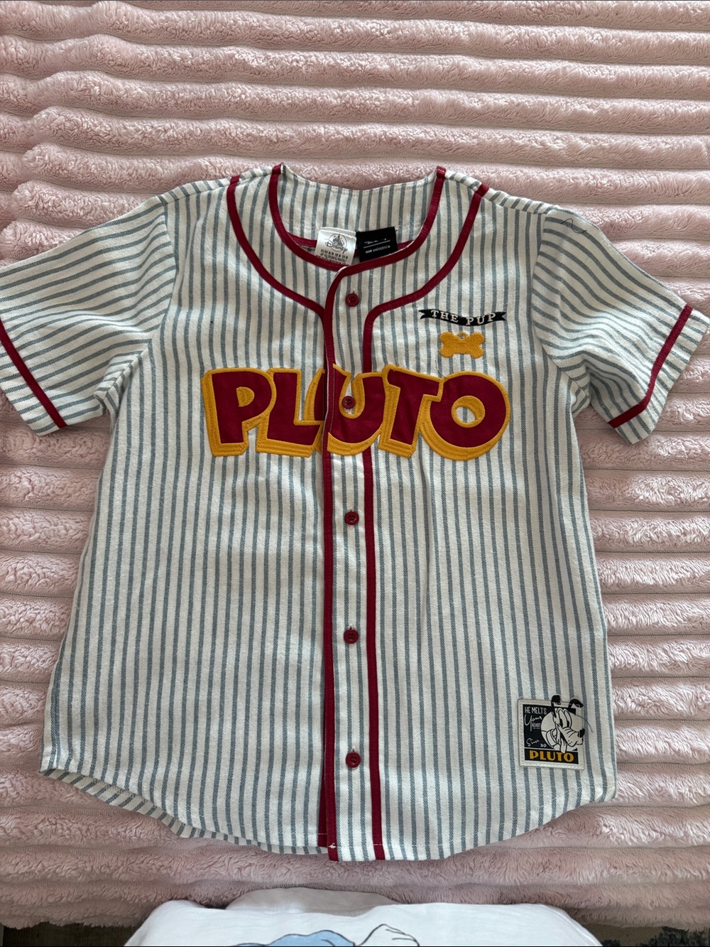 Disney Pluto Striped Baseball Jersey in White, Gray & Red Trim